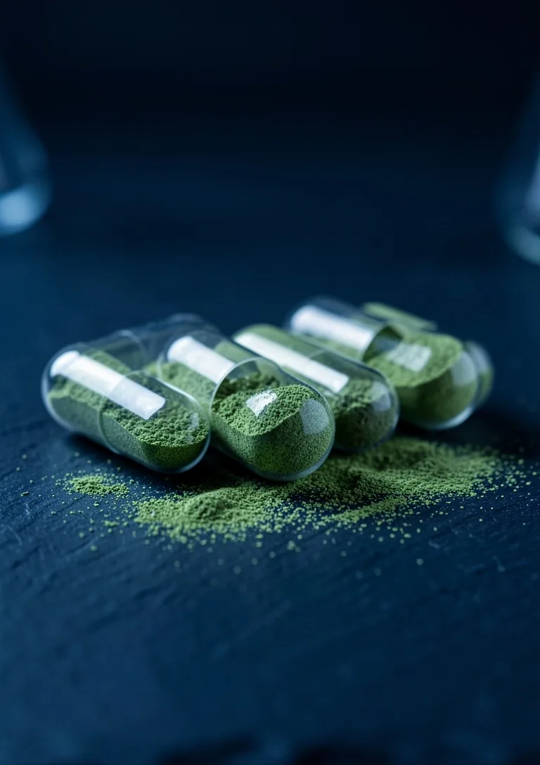 Herbal capsules on dark surface