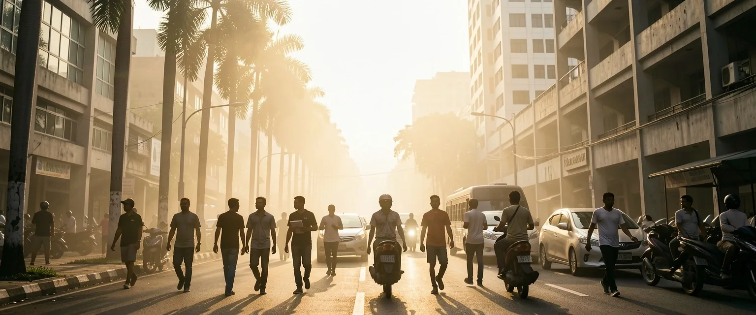 Indonesian urban street scene in late afternoon