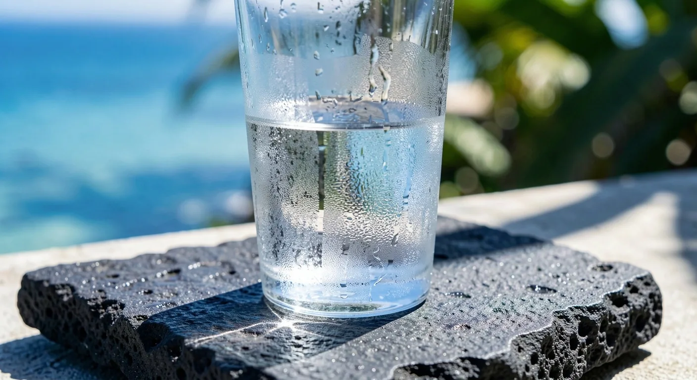 Glass of water on a stone surface in tropical light