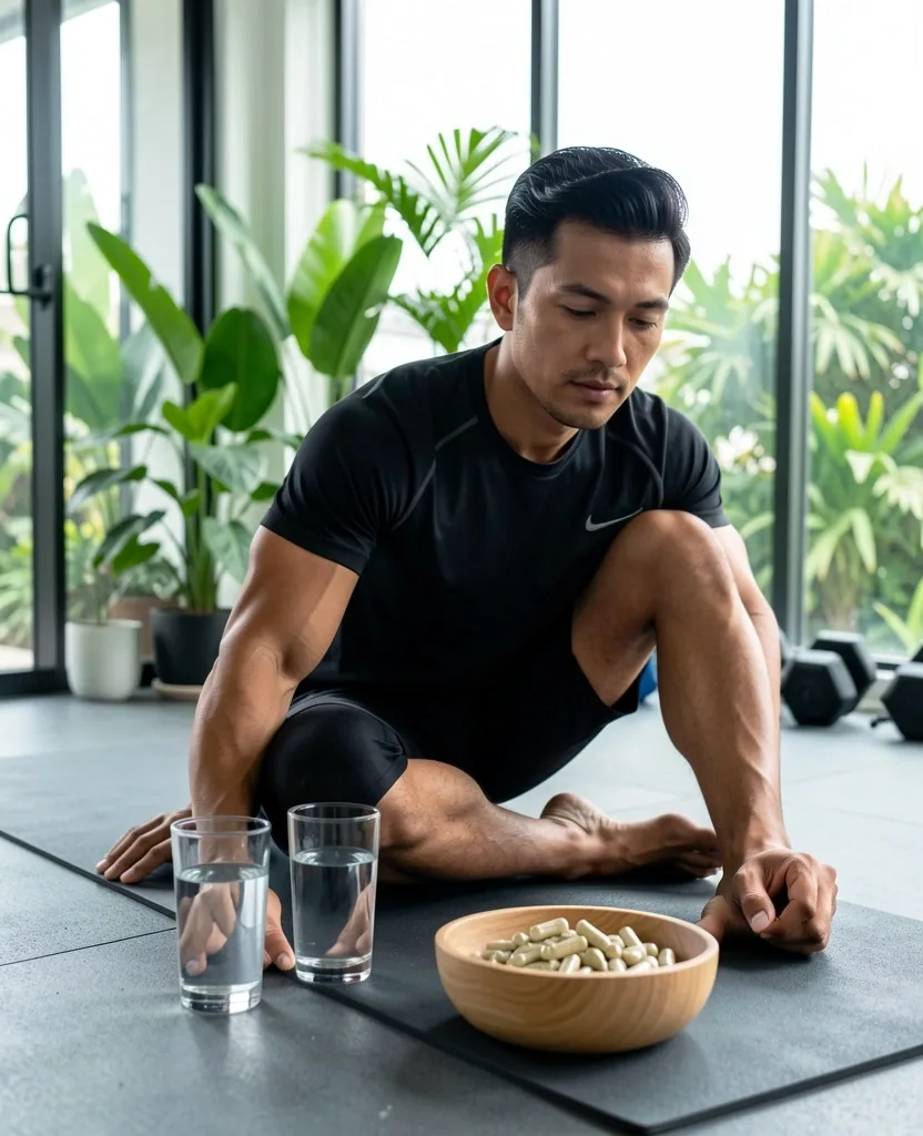 Man exercising in a bright Indonesian fitness space