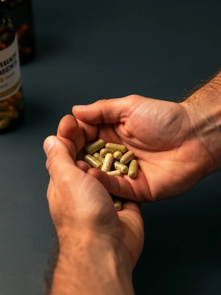 Natural supplement capsules in hand