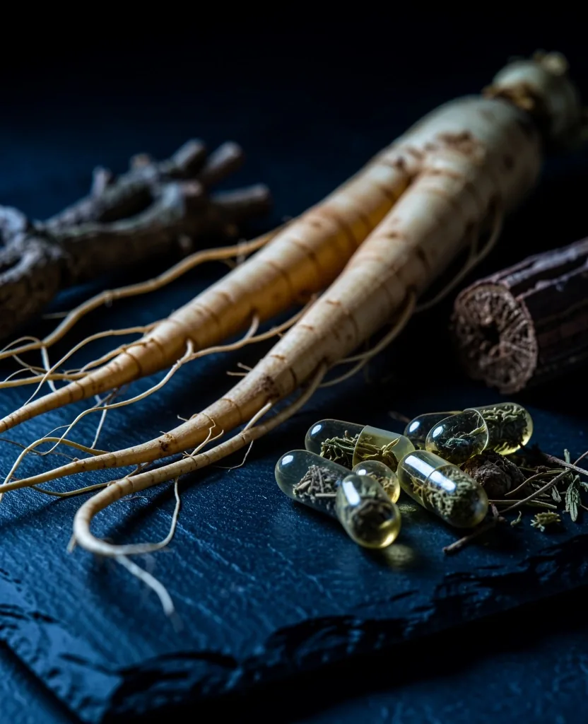 Natural supplement ingredients on dark surface