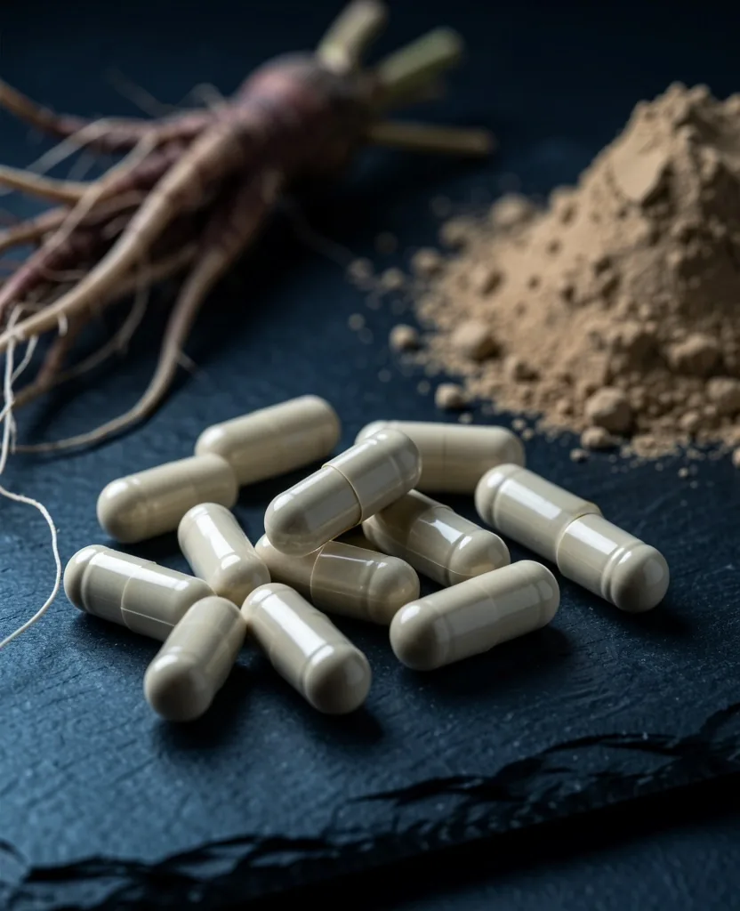 Natural supplement capsules on a dark surface