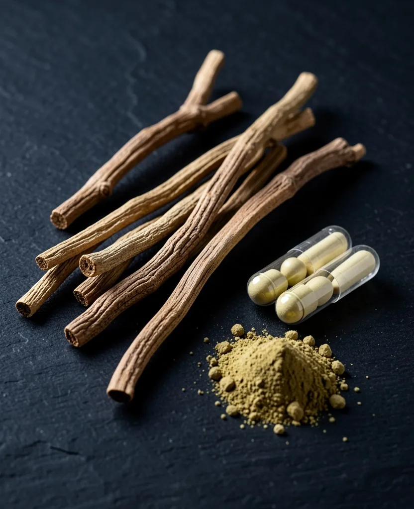 Natural supplement ingredients on a dark architectural surface
