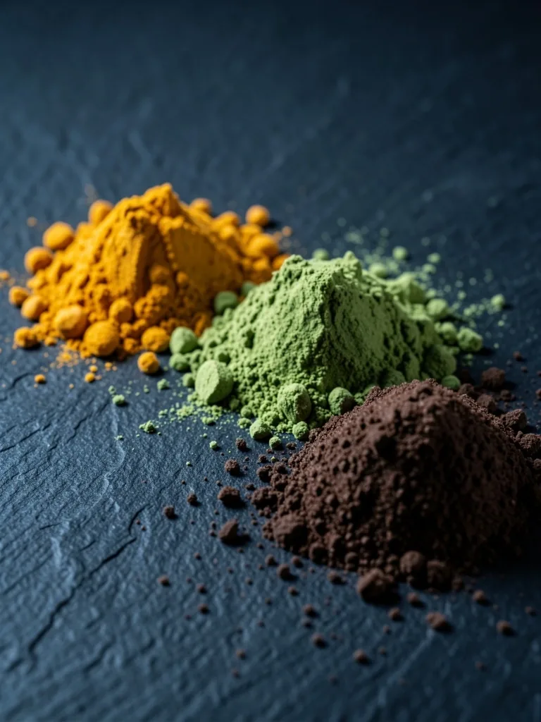 Natural supplement powders arranged on a dark surface